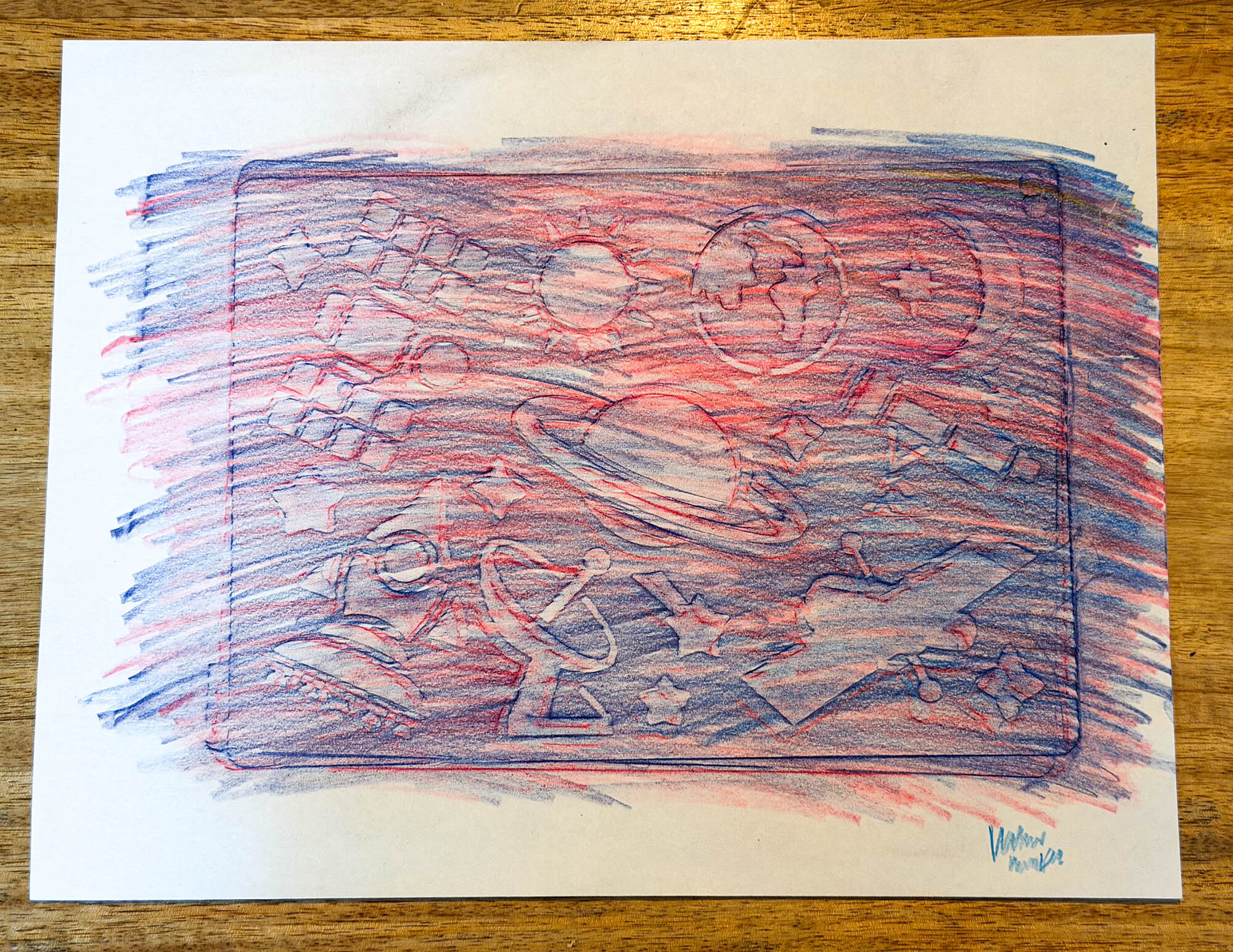 Moon and Beyond, a red-and-blue space drawing by Matthew
