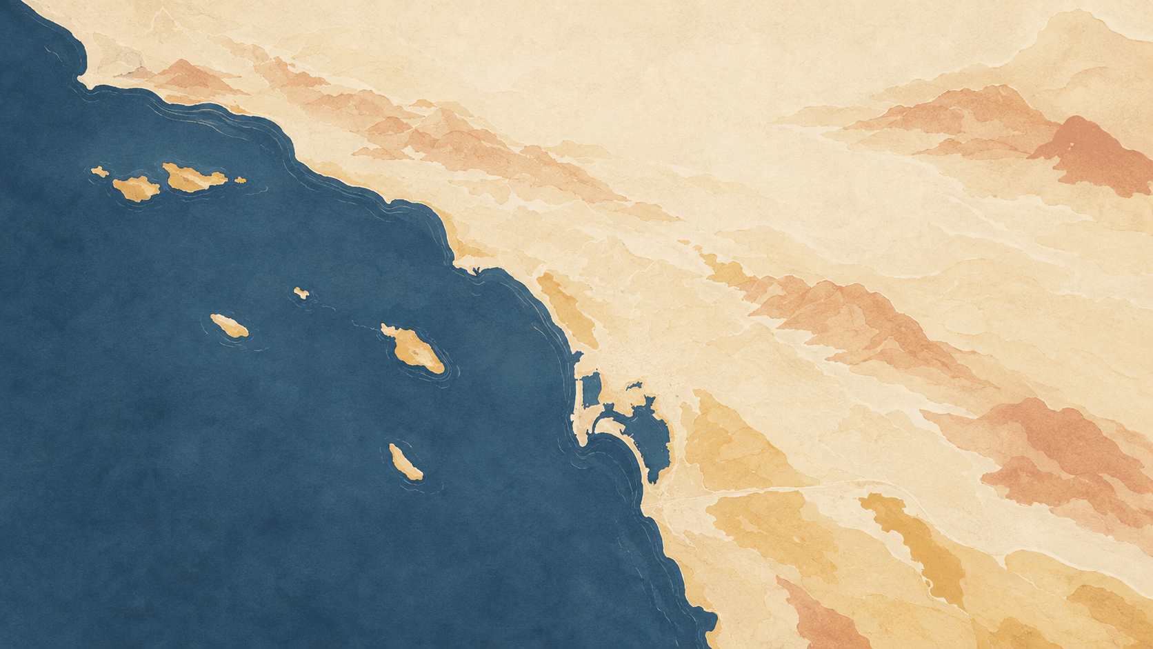 A softly tinted illustrated map of the Southern California coastline